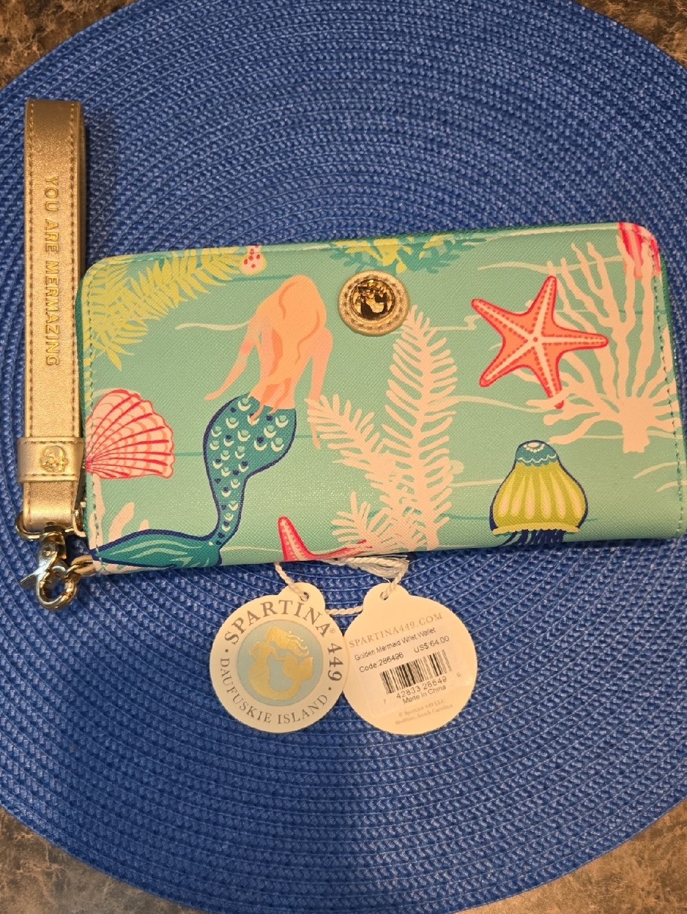 NWT Spartina 449 Teal Mermaid & Coral Wristlet with Gold Strap